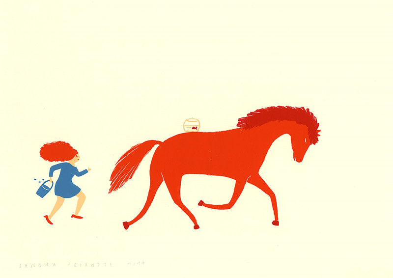 La course - bleu clair, orange, rouge, bordeaux - fond beige