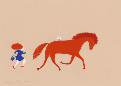 La course - blanc, rouge, bordeaux, bleu foncé - fond brun