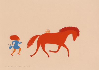La course - bleu clair, rouge, orange, bordeaux - fond brun