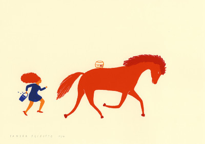 La course - bleu foncé, rouge, orange, bordeaux - fond beige