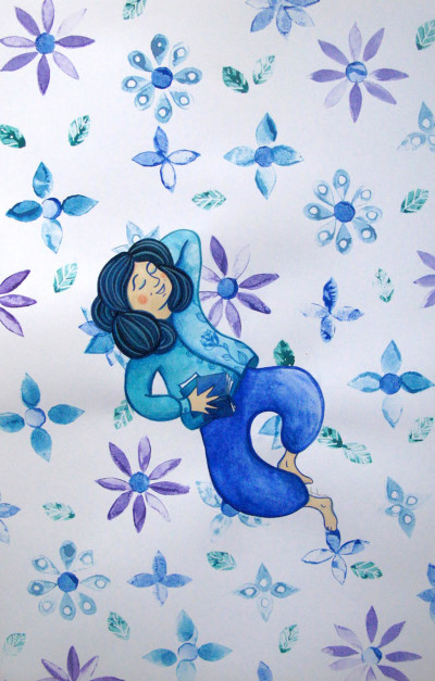 Jeune fille aux fleurs bleues