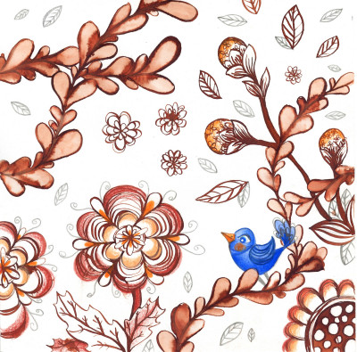 Les oiseaux bleus dans les fleurs sépia - I