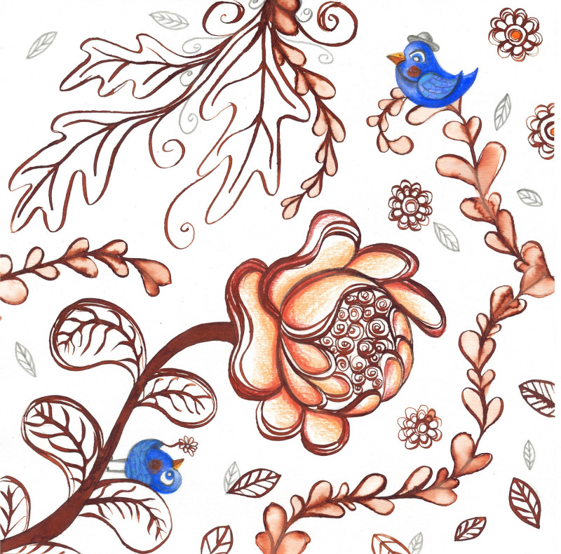 Les oiseaux bleus dans les fleurs sépia - II