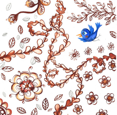 Les oiseaux bleus dans les fleurs sépia - IV